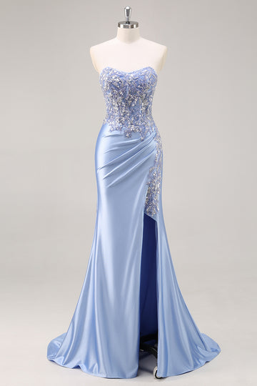 Strapless Mermaid Corset Blue Prom Dress with Slit